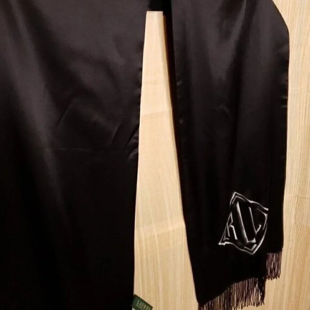 Lauren Ralph Lauren Womens Black Silk Scarf Beaded Trim